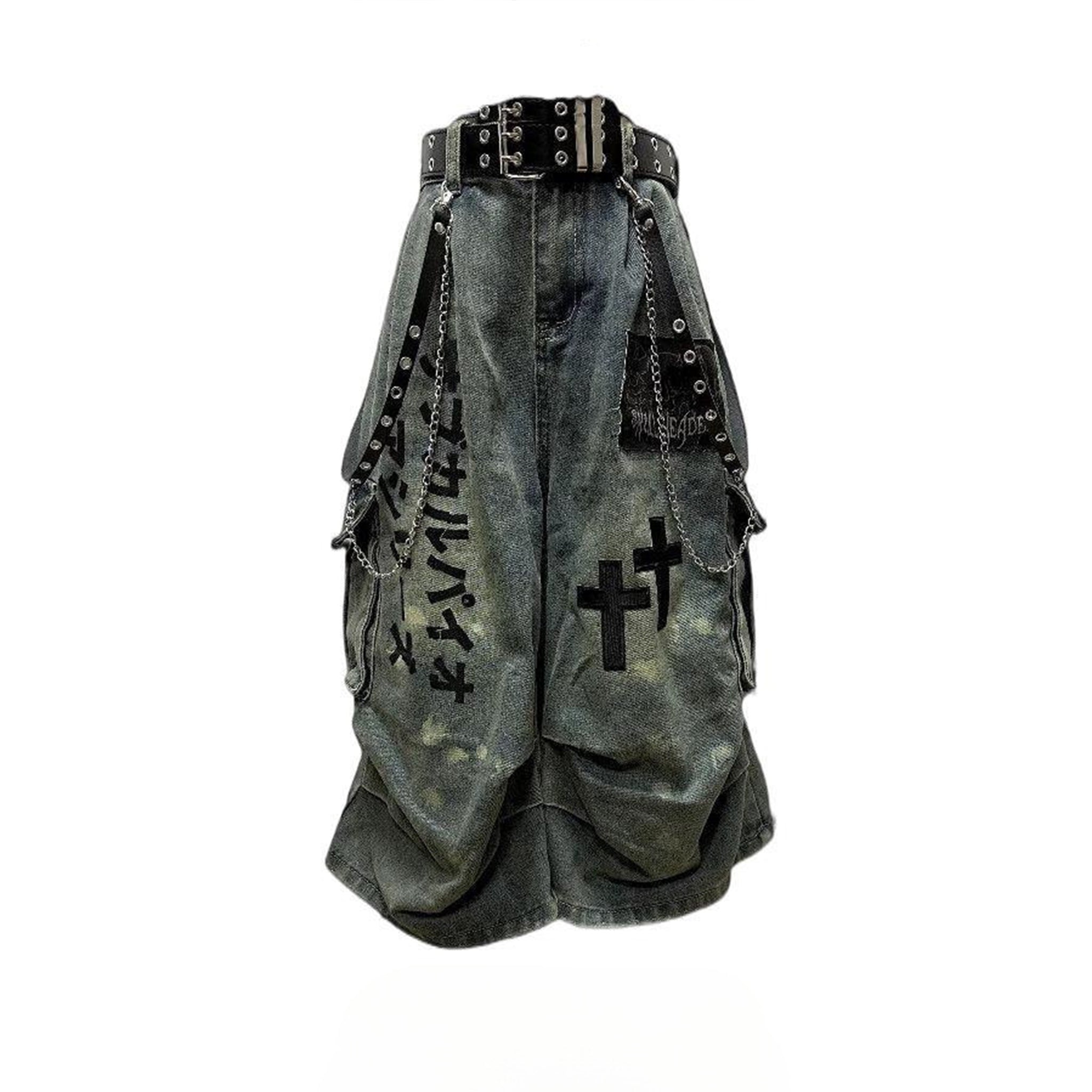 Hip-Hop Gothic Cross-style Denim Capri Baggy Jeans