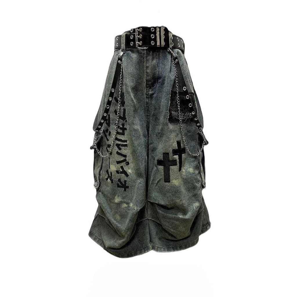 Hip-Hop Gothic Cross-style Denim Capri Baggy Jeans