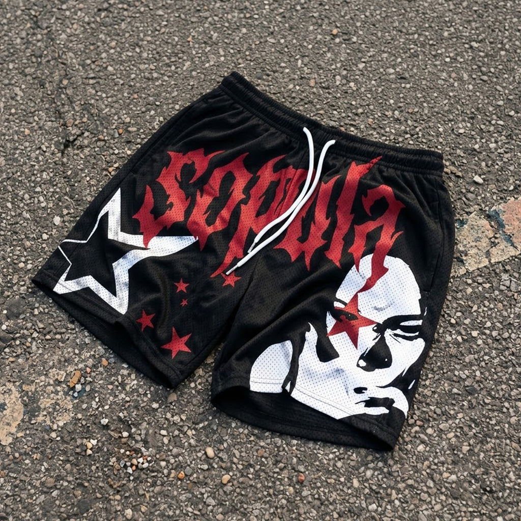 American Retro Portrait Mesh Track Graphic Shorts