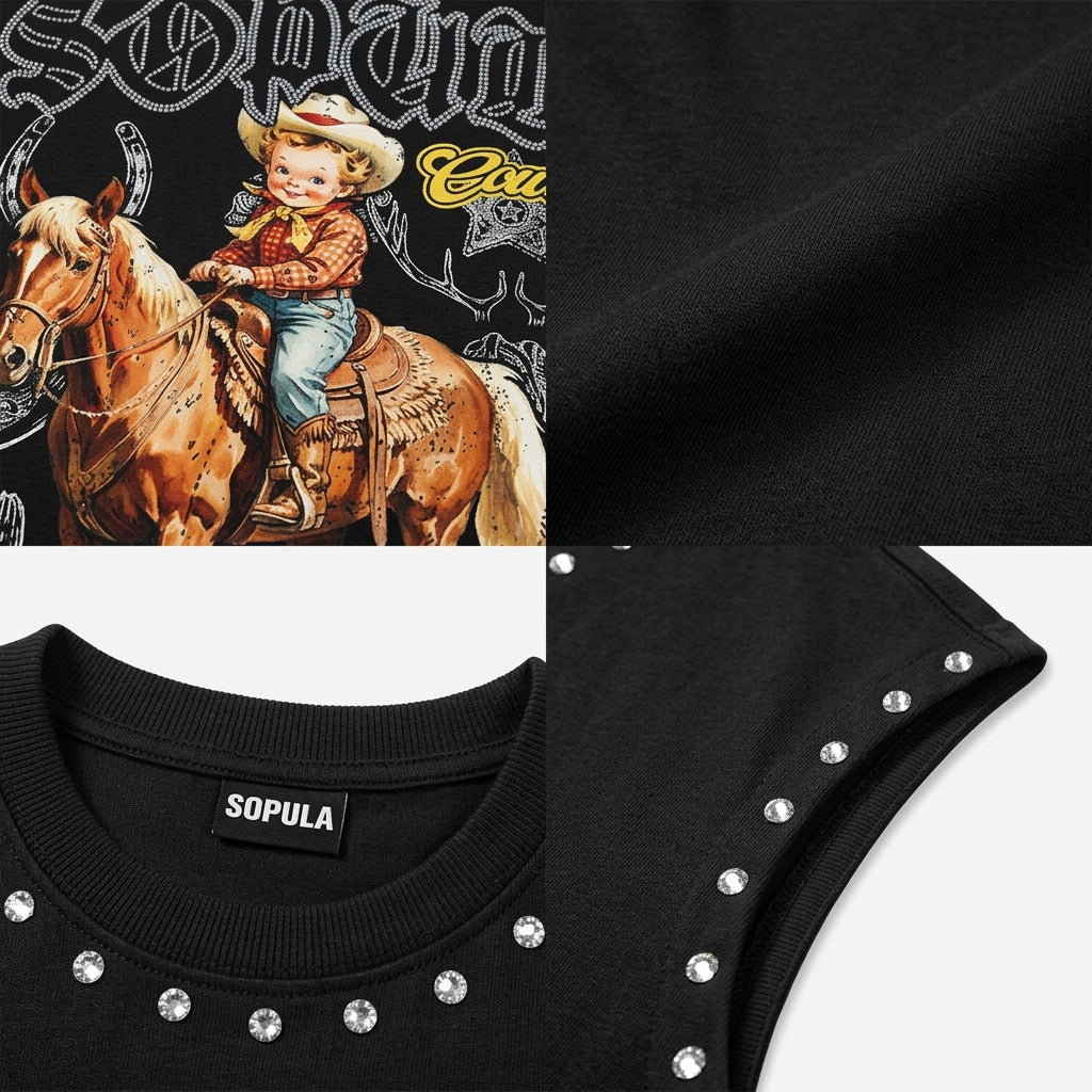 Cowboy Western Elements Retro Graphic Rhinestone Tank Top
