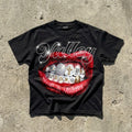 Valley Rhinestone Embellishment Rich Forever Red Lips Graphic Cotton T-shirt