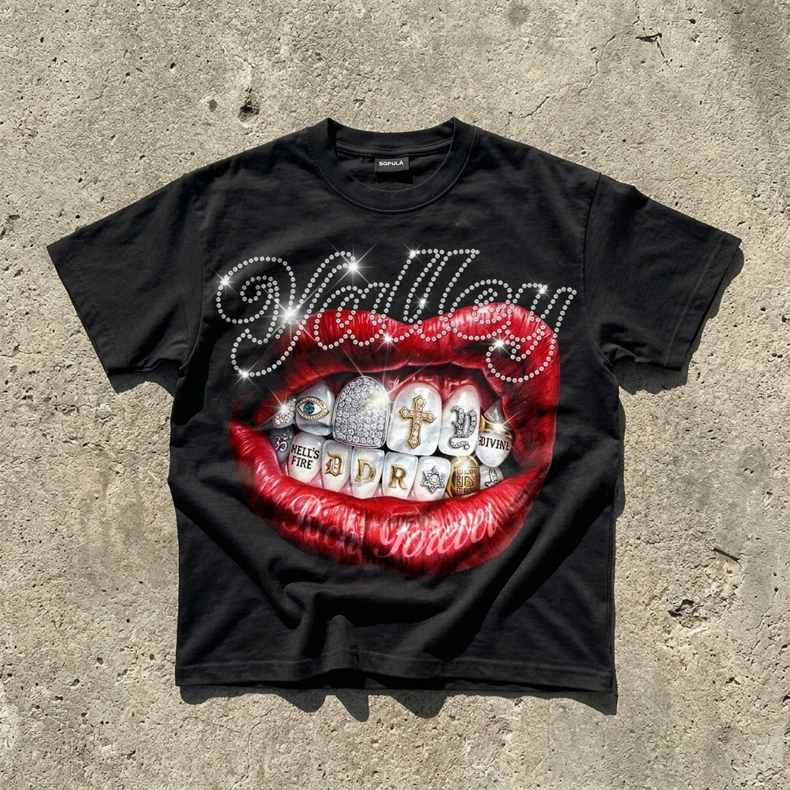 Valley Rhinestone Embellishment Rich Forever Red Lips Graphic Cotton T-shirt