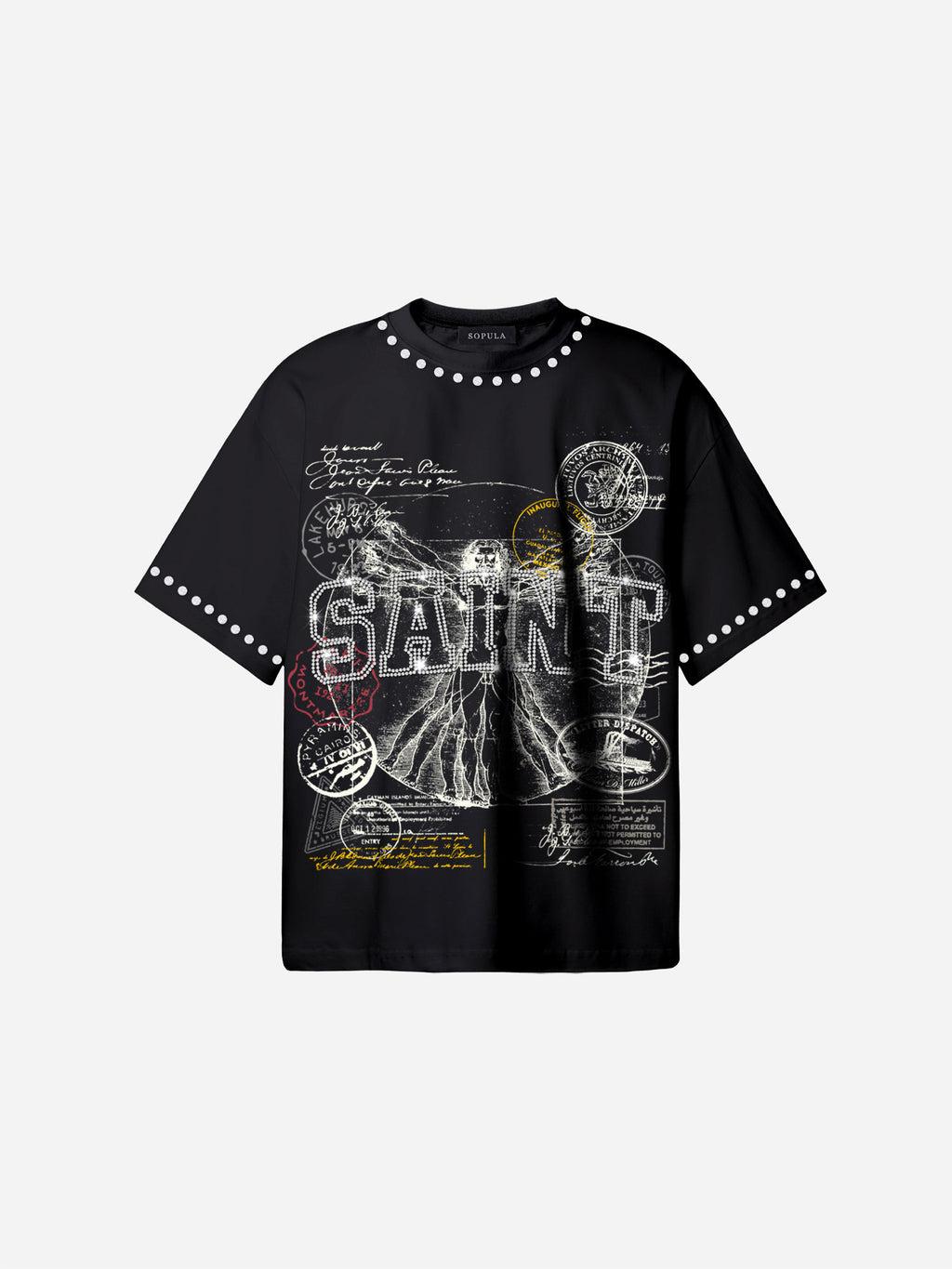 Saints Rhinestone Stamp Collage Vitruvian Graphic Cotton T-shirt