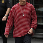 Retro Color-blocked Loose Striped Long-sleeved Crew Neck T-shirt