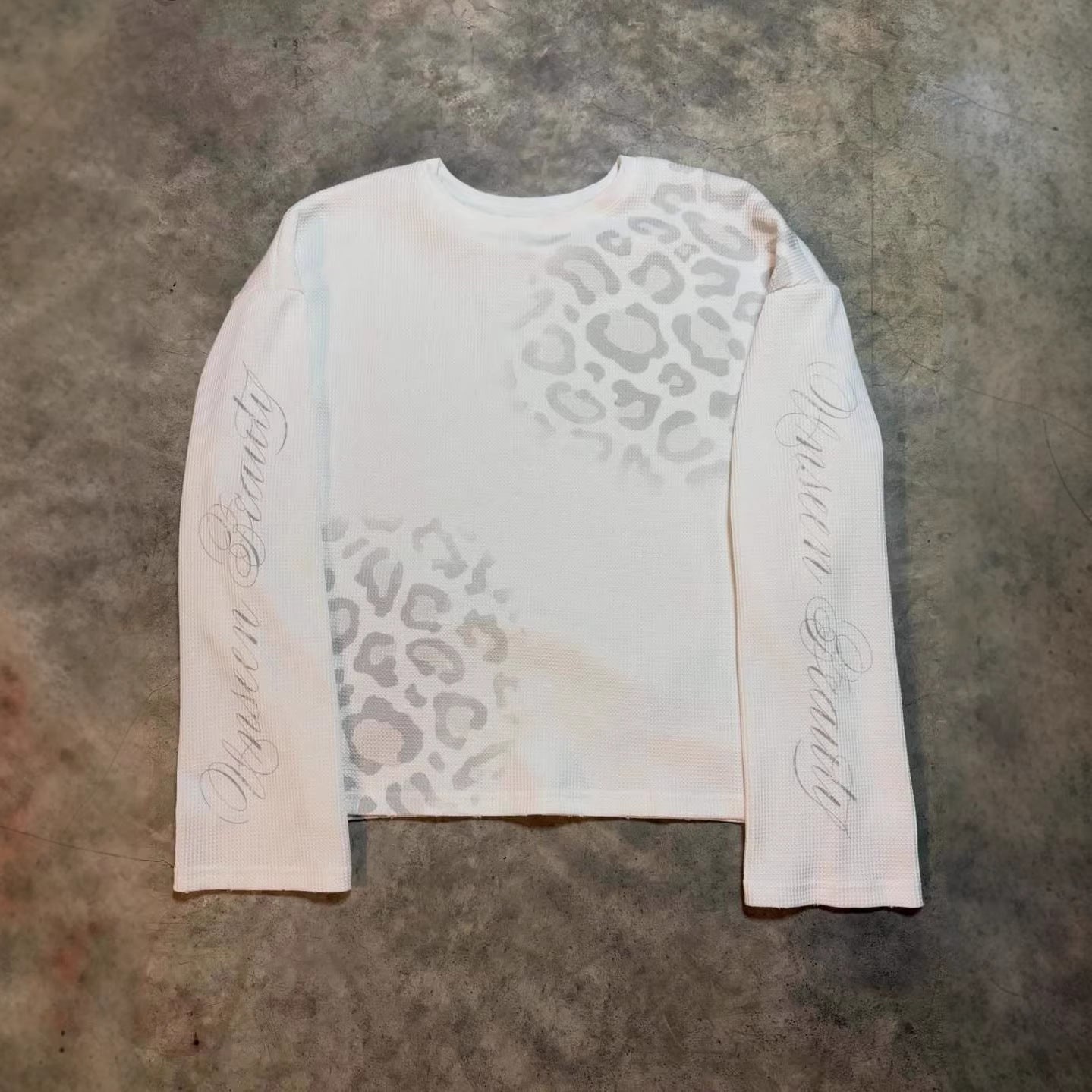 Leopard Print Letter Waffle Print Long-sleeved T-shirt