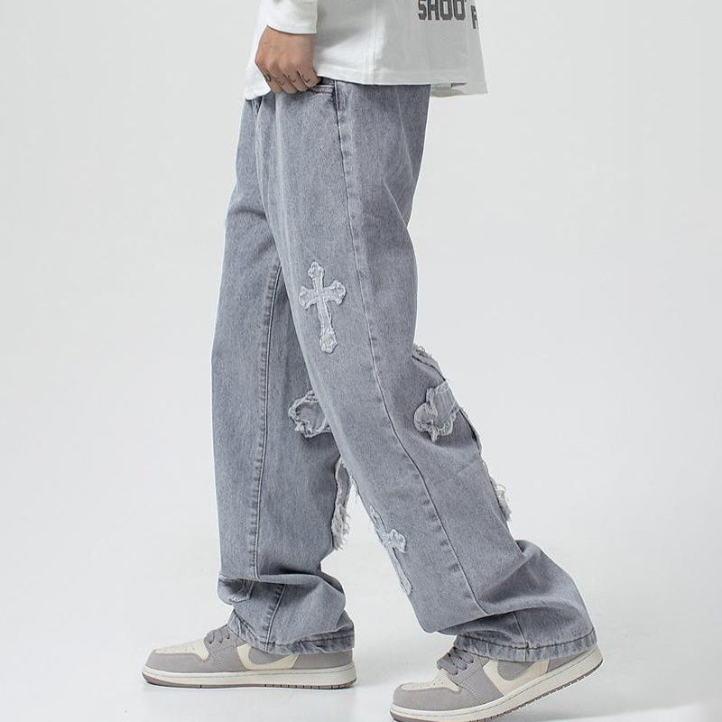 Denim Embroidery Cross Patch Street Jeans