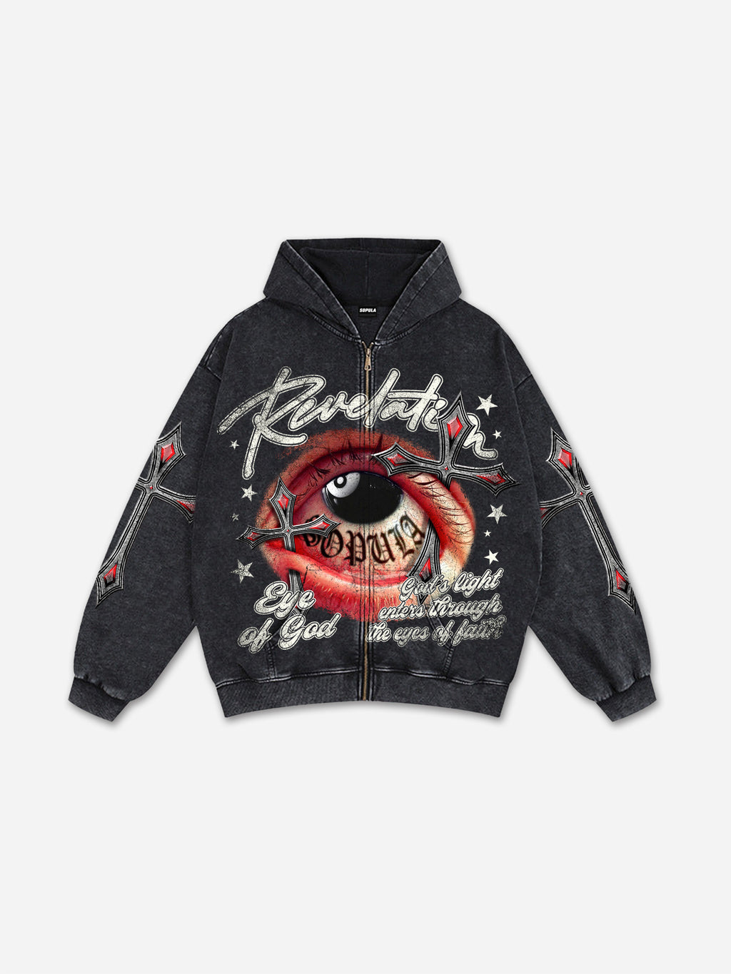 Black No. 8 Cross Vintage Eyes Graphic Washed Oversized Zip Up Hoodie
