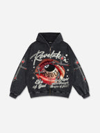 Black No. 8 Cross Vintage Eyes Graphic Washed Oversized Zip Up Hoodie