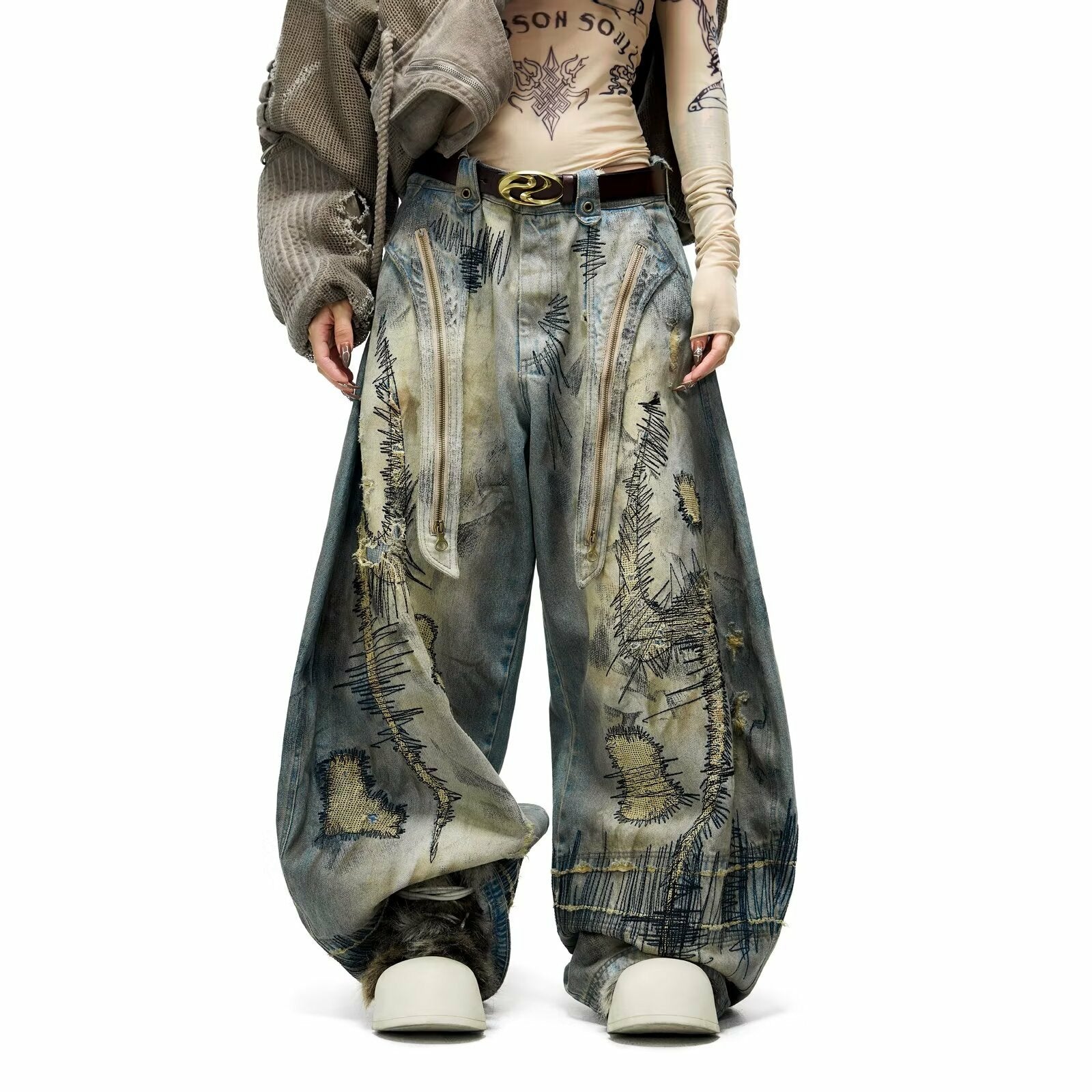 Hand Stitched Distressed Baggy Jeans