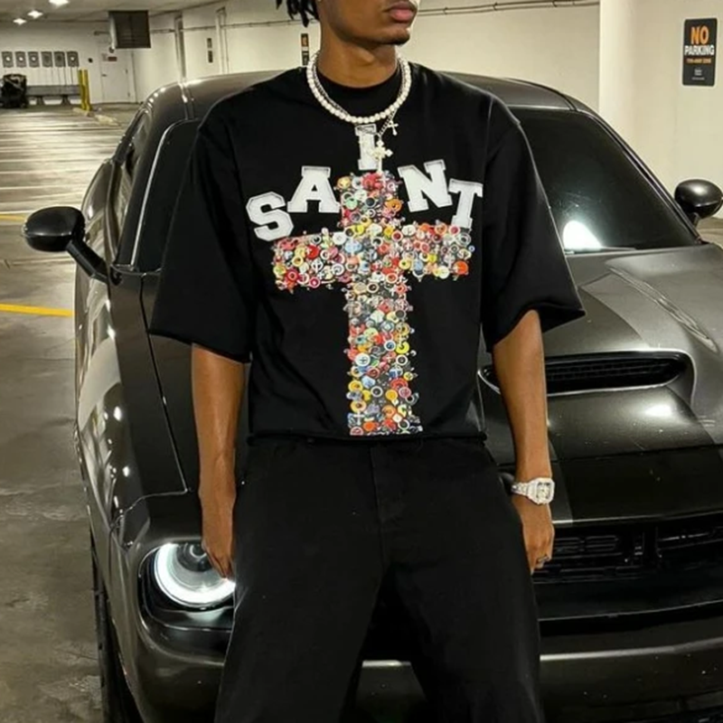 Vintage  Saint Cross Art Graphic 100% Cotton T-Shirt
