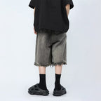 Retro Washed Gradient Ripped Loose Denim Shorts