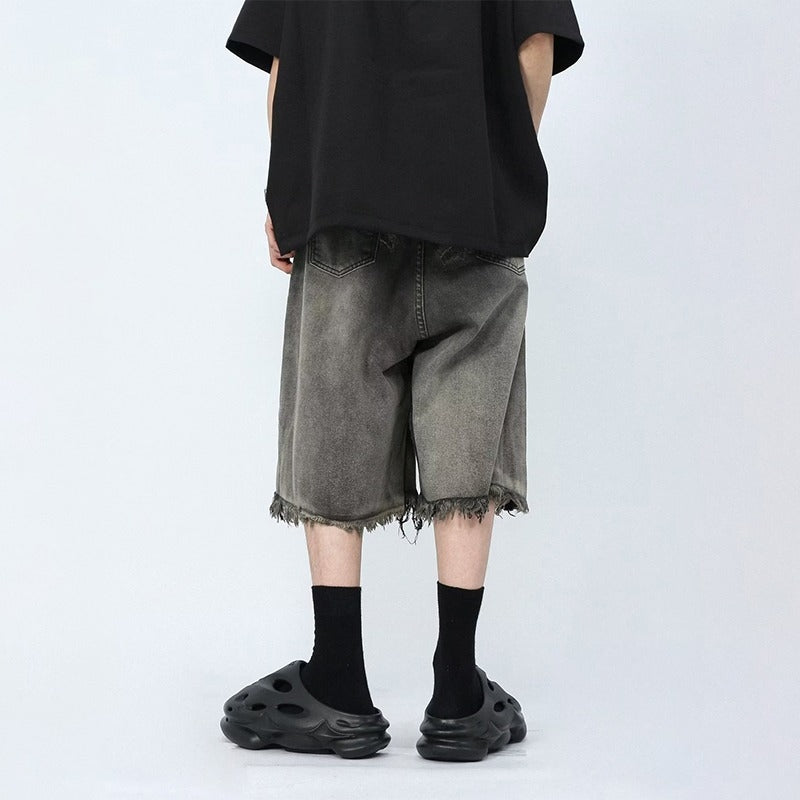 Retro Washed Gradient Ripped Loose Denim Shorts