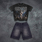 Sopula Studio Retro Sacra Angel T-shirt & Cross Appliqué Denim Shorts Set