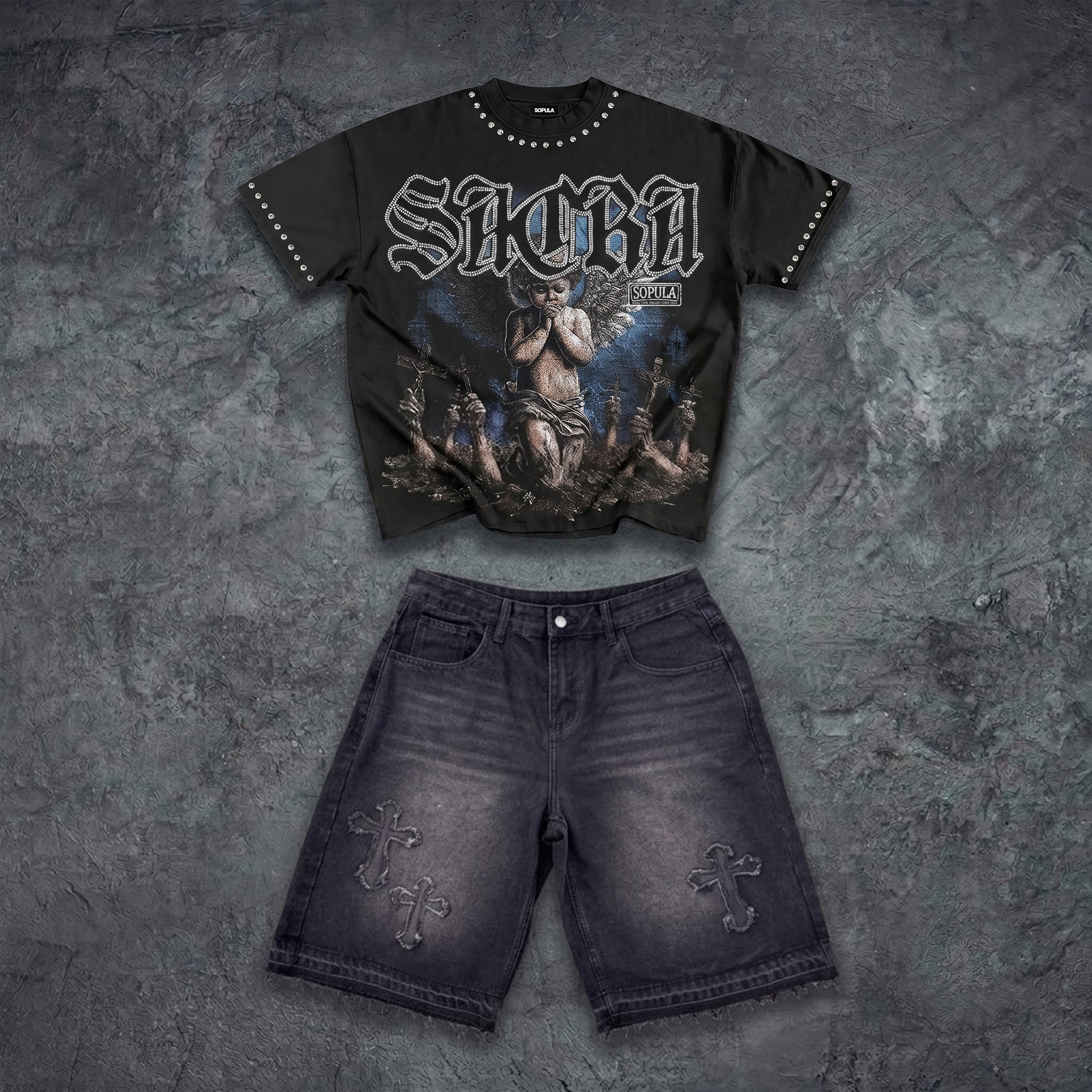 Sopula Studio Retro Sacra Angel T-shirt & Cross Appliqué Denim Shorts Set