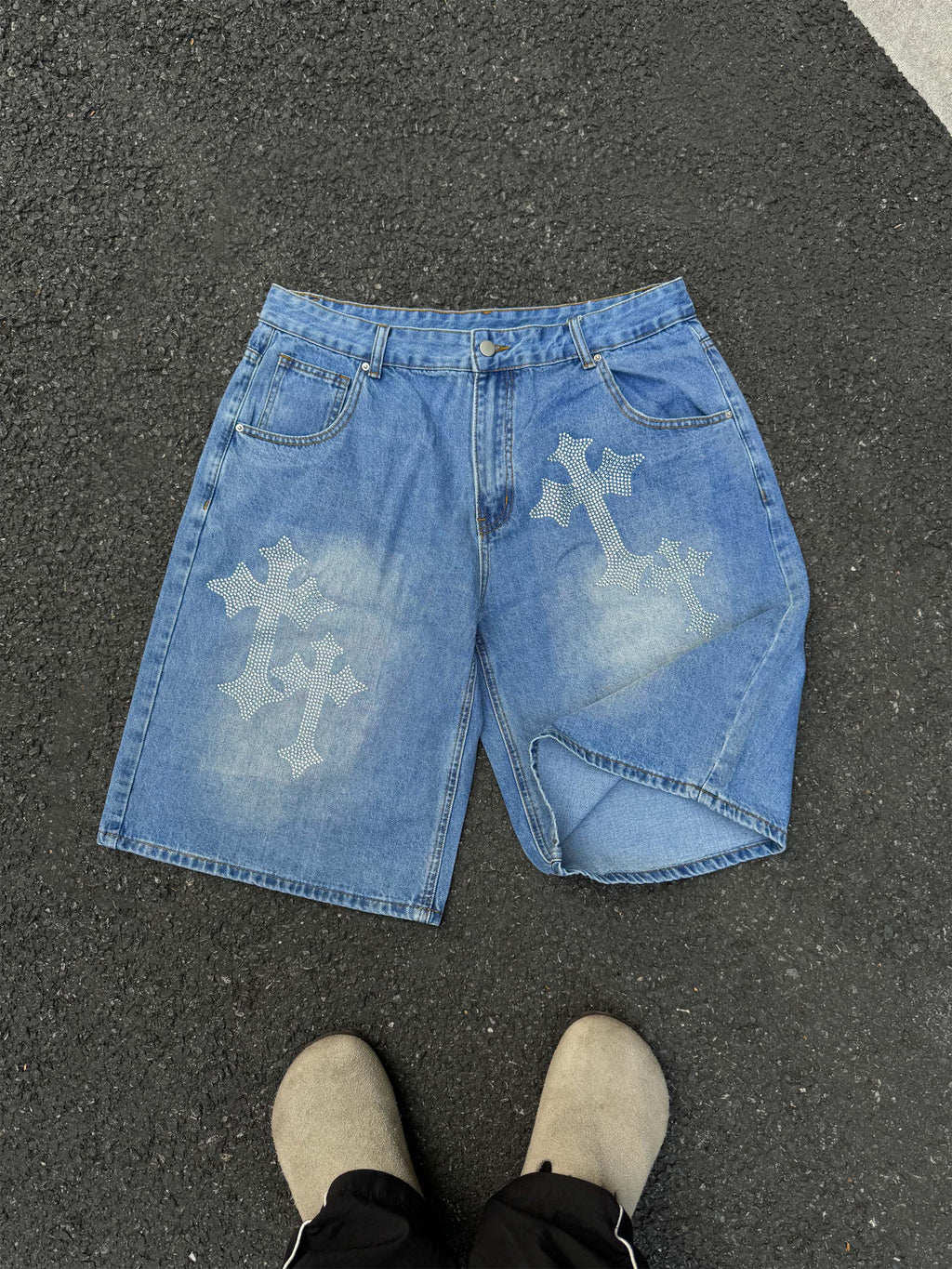 Cross Rhinestone Graphic Denim Shorts