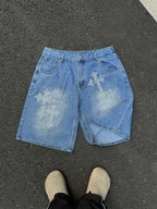 Cross Rhinestone Graphic Denim Shorts