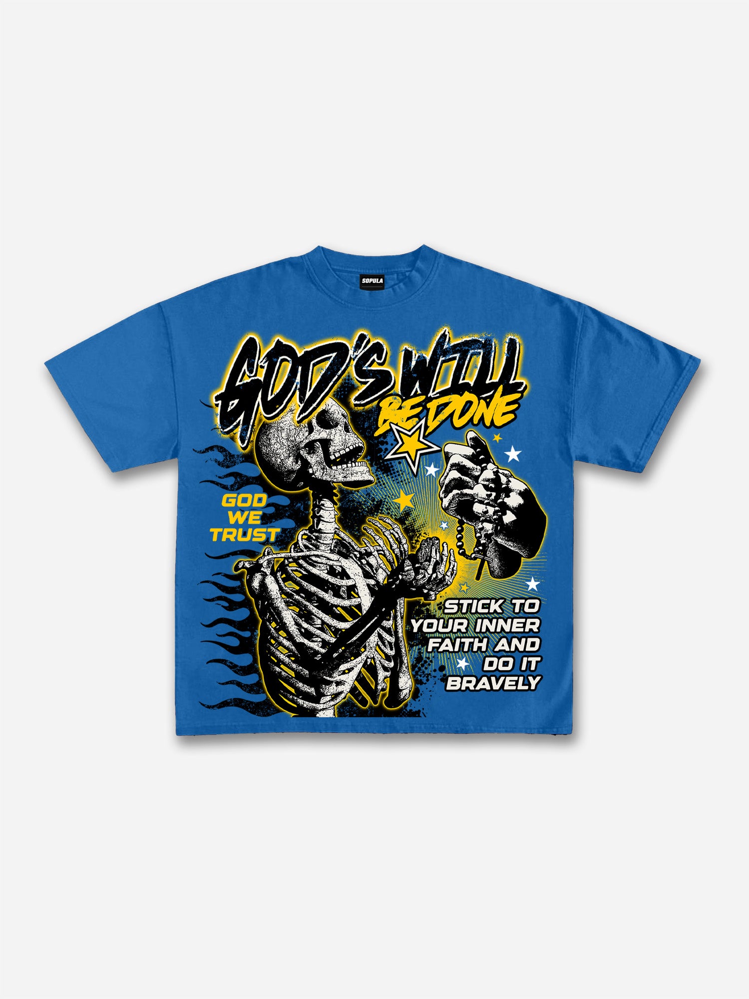 God's Will Be Done Flame Makes Old Beliefs Skull Graphic Cotton T-shirt