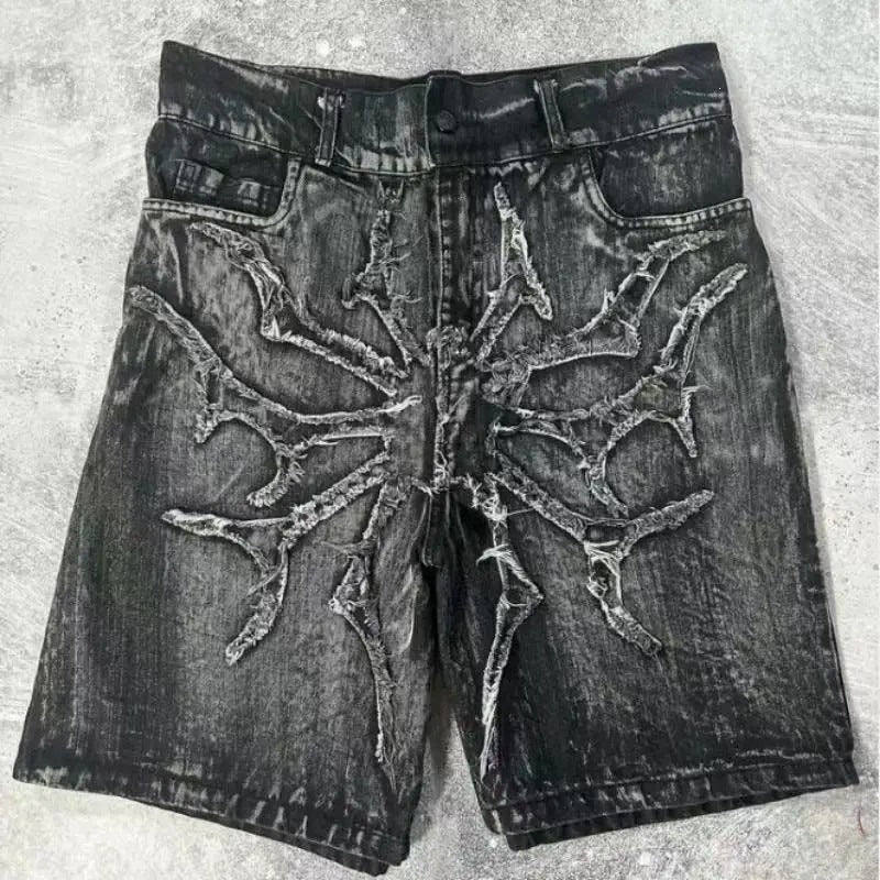 Retro Y2k Gothic Spider Embroidered Denim Shorts