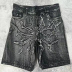 Retro Y2k Gothic Spider Embroidered Denim Shorts