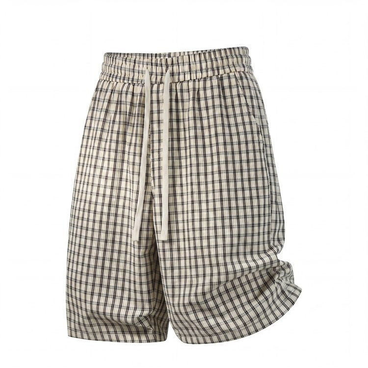 Drawstring Loose Textured Check  1/2 Shorts