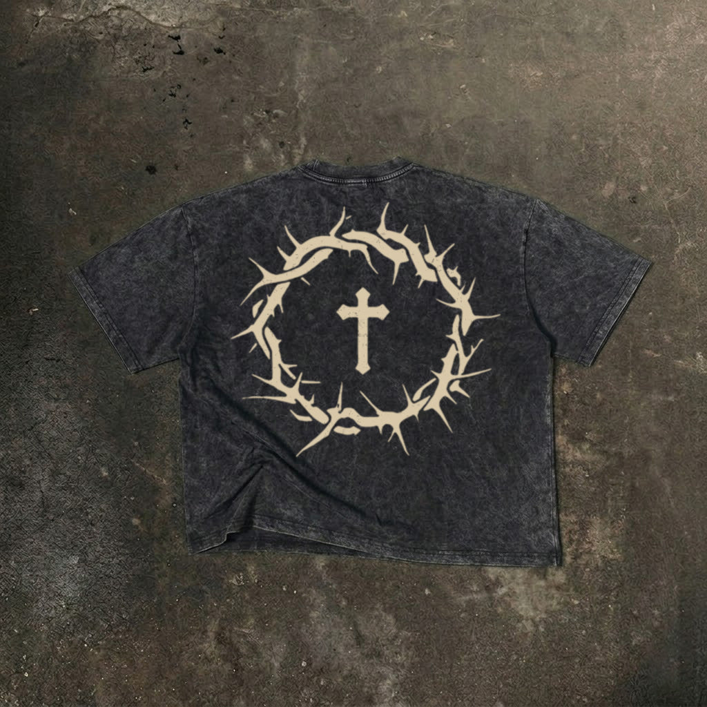 Faith Overcomes Fear Cross Graphic Acid Washed T-shirt