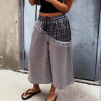 Fashionable Plaid Color-blocked Drawstring Casual Shorts