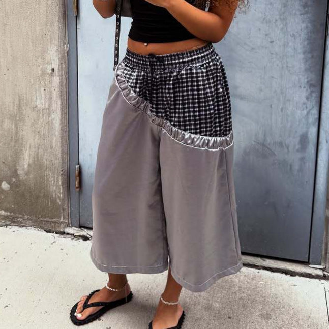 Fashionable Plaid Color-blocked Drawstring Casual Shorts