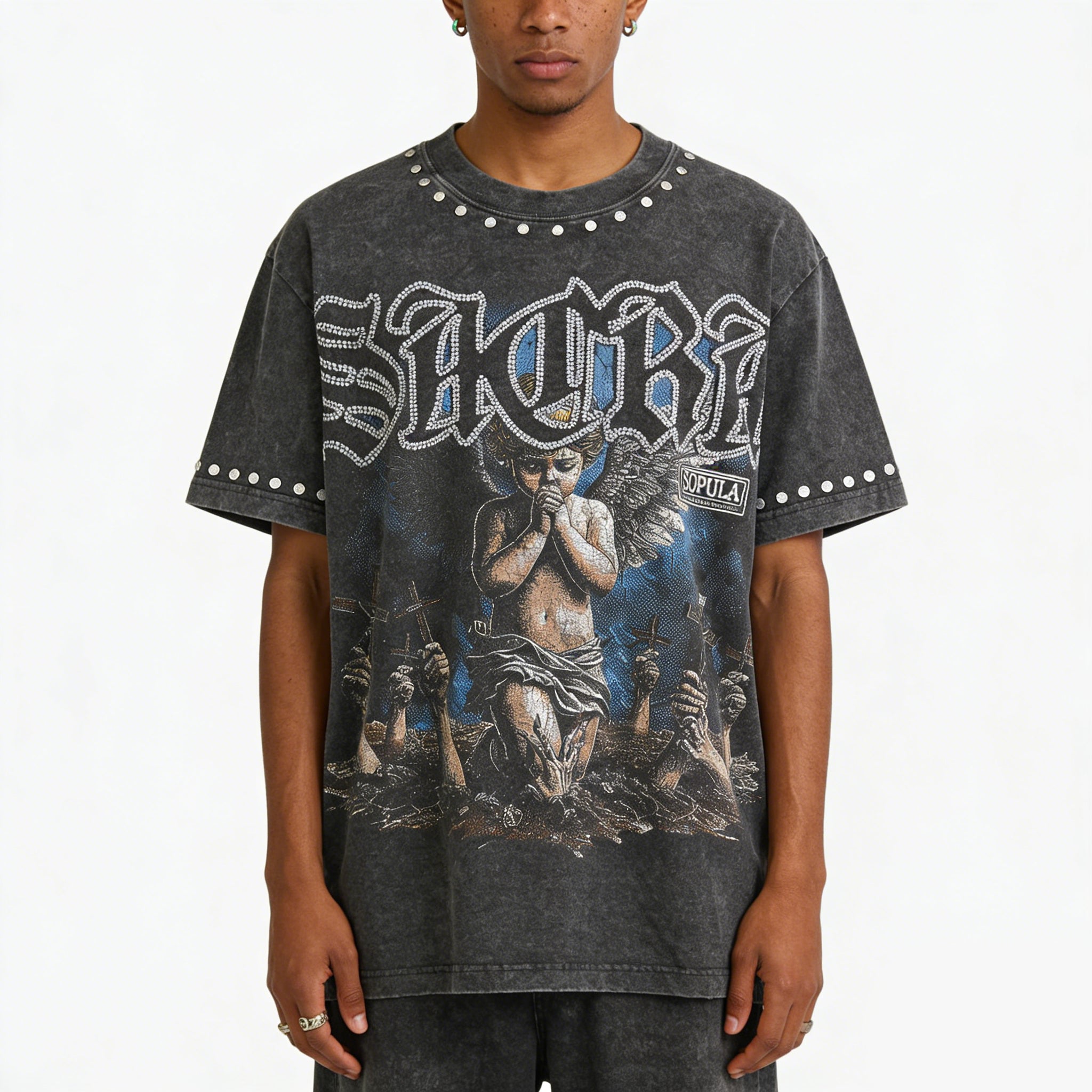 Angel Cross Retro Artistic Graphic Acid Washed T-shirt