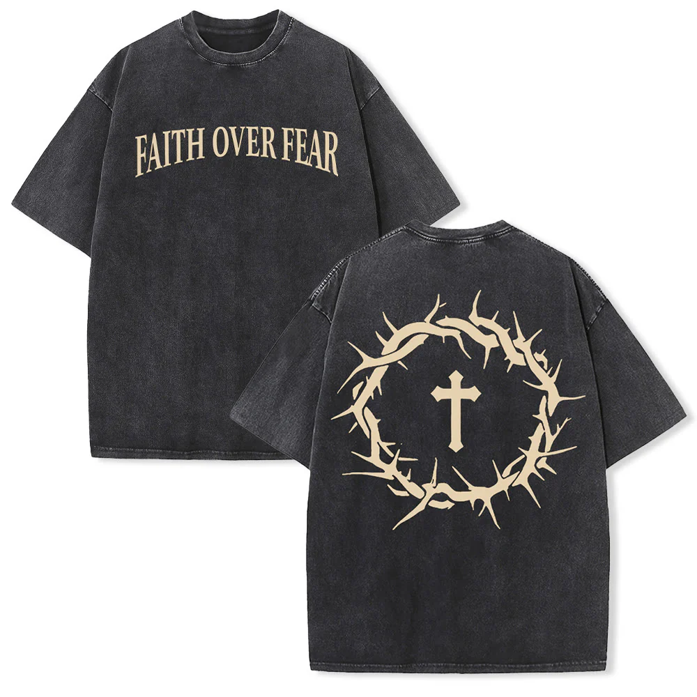 Faith Overcomes Fear Cross Graphic Acid Washed T-shirt