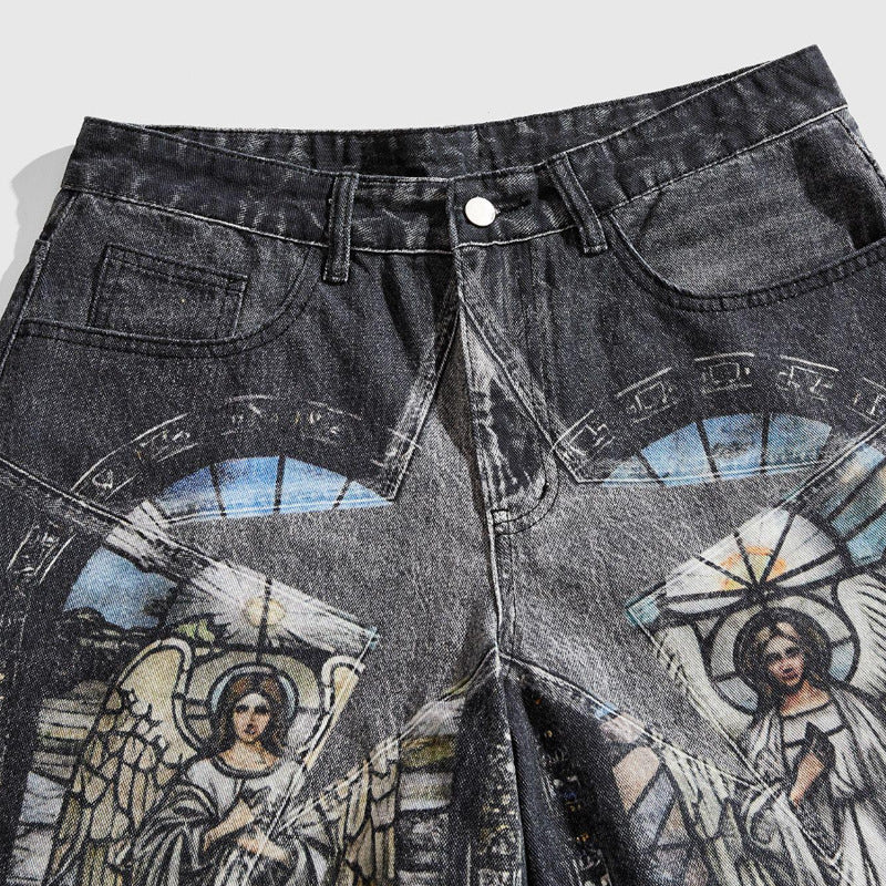 Retro Saint Mary Print Denim Shorts