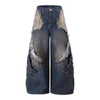 Washed Fringed Patchwork Ripped Lantern Jeans