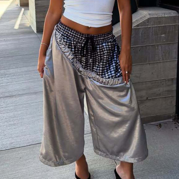 Fashionable Plaid Color-blocked Drawstring Casual Shorts