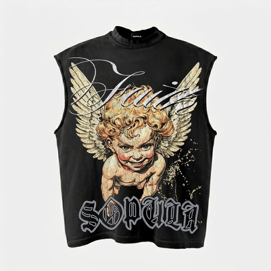 Sopula Faith Angel Vintage Graphic Rhinestone Tank Top