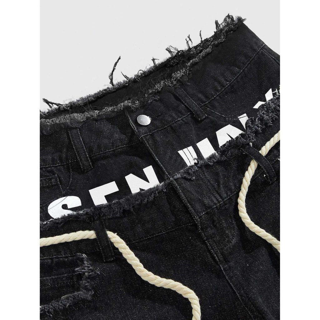 Vintage  Y2k Trendy Letter Rhinestone Drawstring Loose Denim Shorts