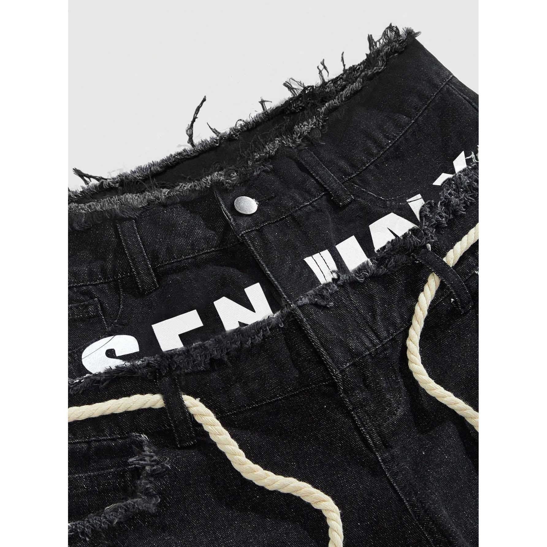 Vintage  Y2k Trendy Letter Rhinestone Drawstring Loose Denim Shorts