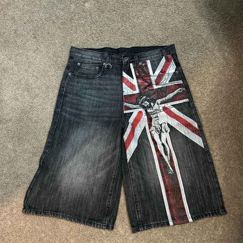 Men's Retro-style Washed Jesus Cross Denim Shorts