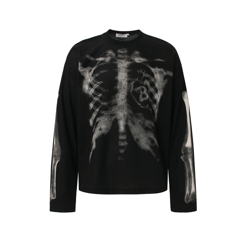 Retro Waffle Skeleton Print Long-sleeved T-shirt