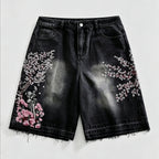 Retro Japanese Floral Samurai Denim Jorts
