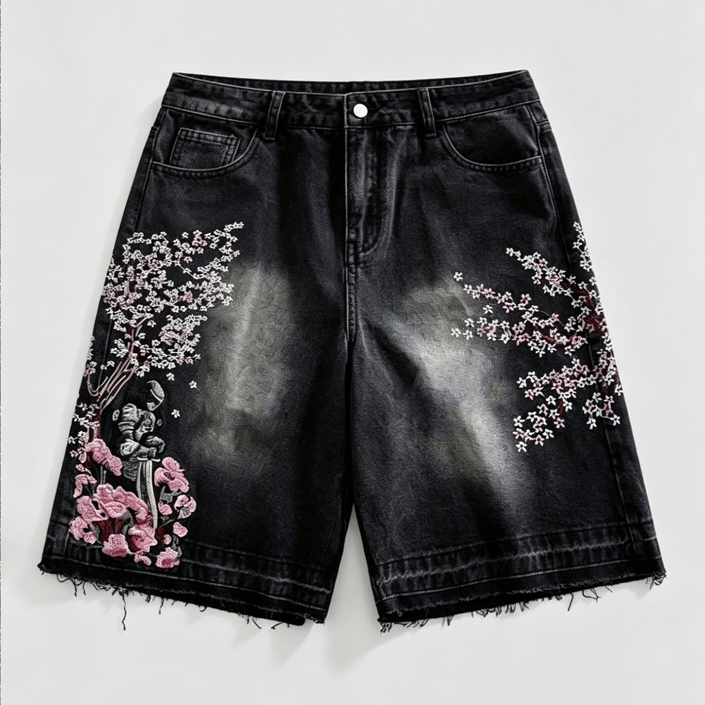 Retro Japanese Floral Samurai Denim Jorts
