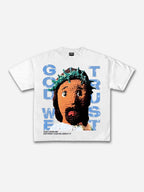 Diamond God We Trust Cartoon Jesus Portrait Graphic Cotton T-shirt