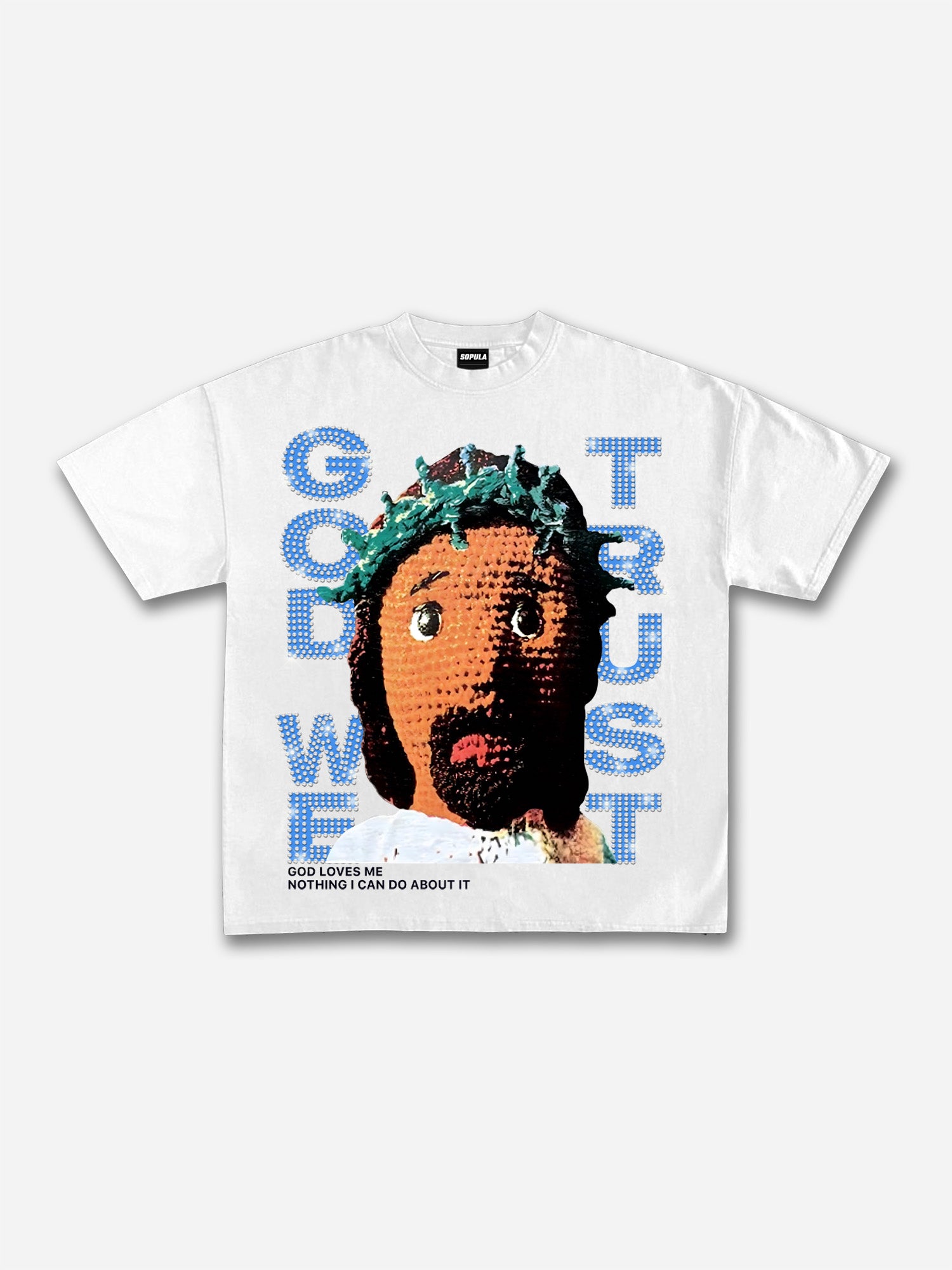 Diamond God We Trust Cartoon Jesus Portrait Graphic Cotton T-shirt