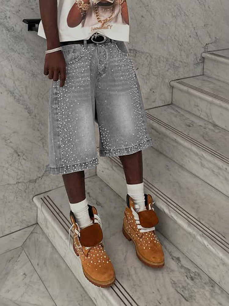 Y2k Trendy Letter Rhinestone Loose Denim Shorts