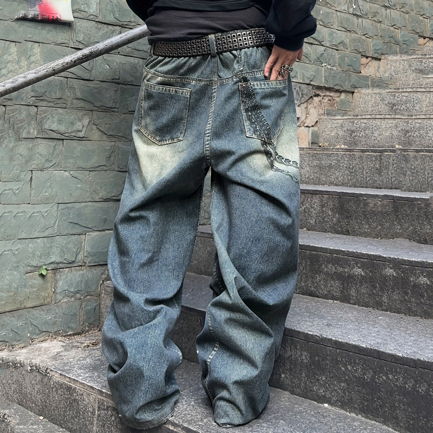 Men's Wide-leg Jeans With Star Chain Print