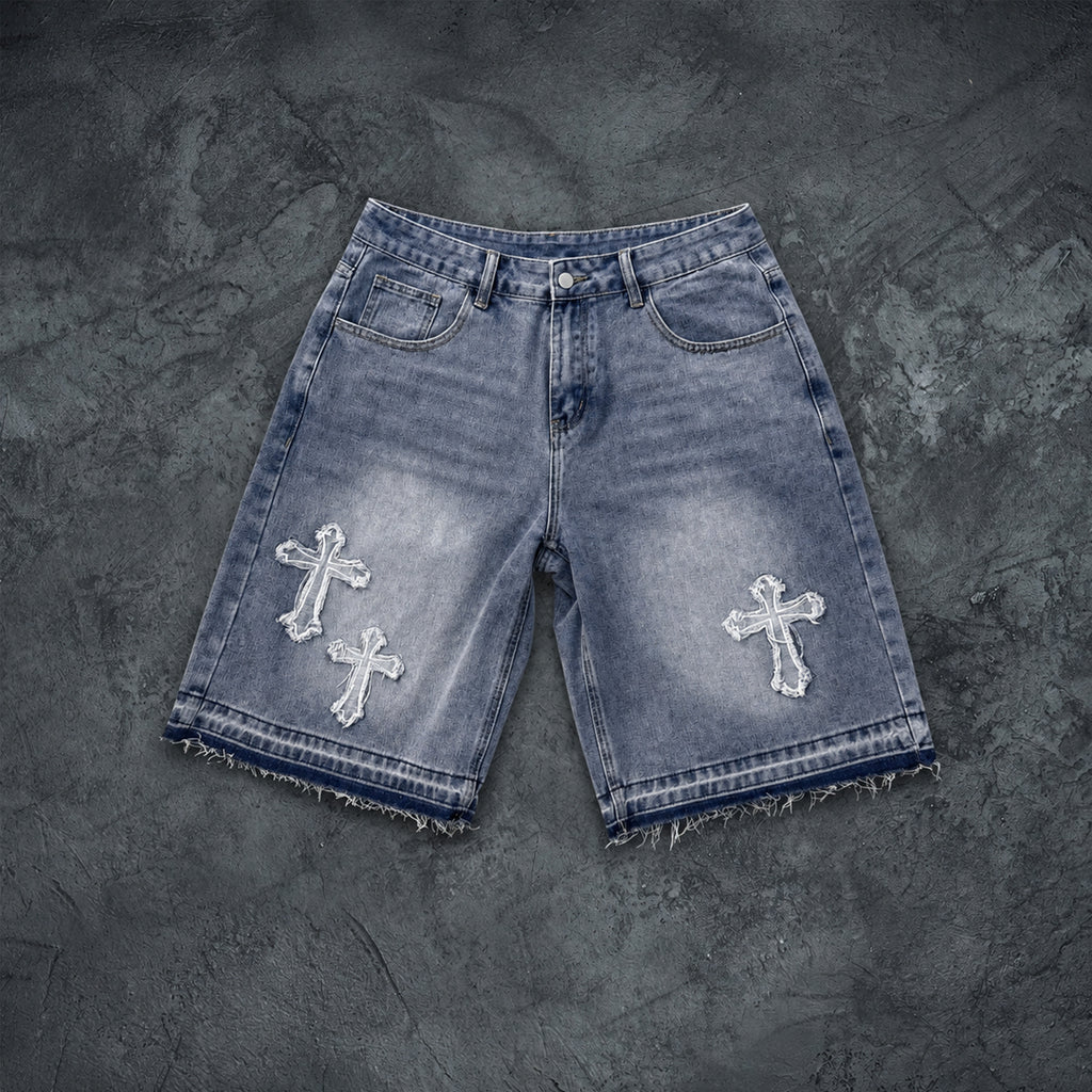 Eye Of God Graphic Tank Top & Washed Cross Appliqué Denim Shorts Set