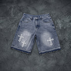 Eye Of God Graphic Tank Top & Washed Cross Appliqué Denim Shorts Set