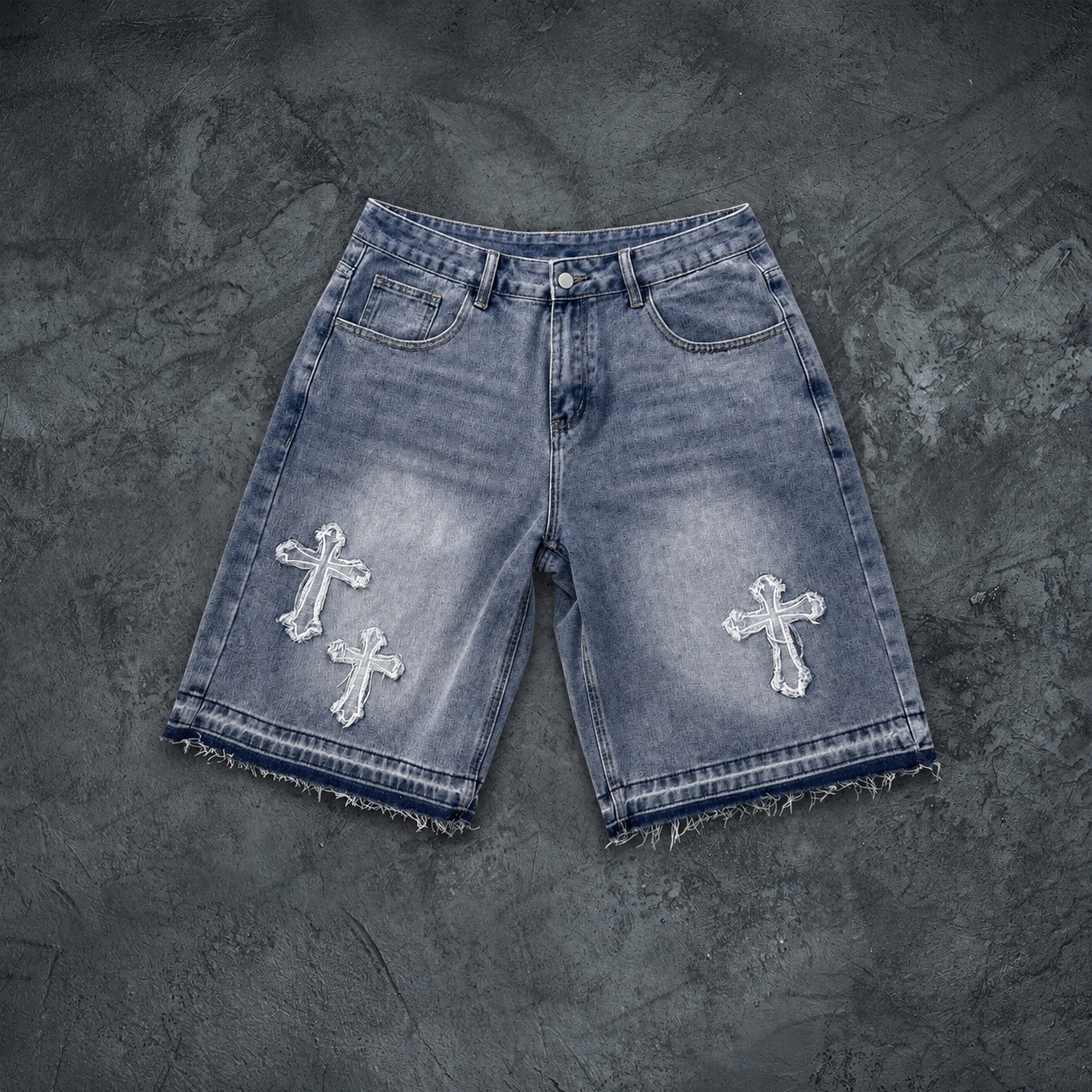 Eye Of God Graphic Tank Top & Washed Cross Appliqué Denim Shorts Set