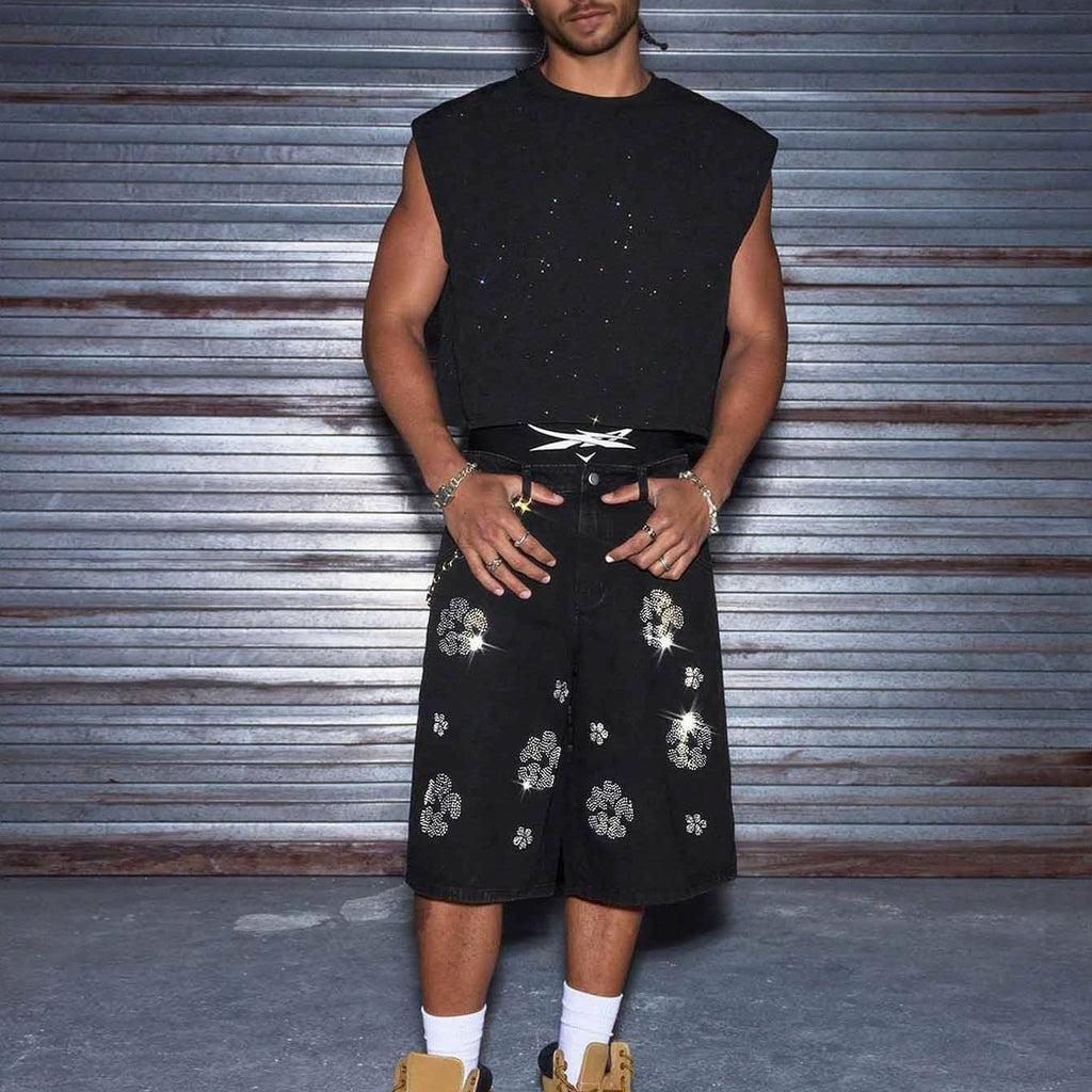 Men's Y2k Trendy Floral Rhinestone Loose Denim Shorts