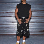 Men's Y2k Trendy Floral Rhinestone Loose Denim Shorts