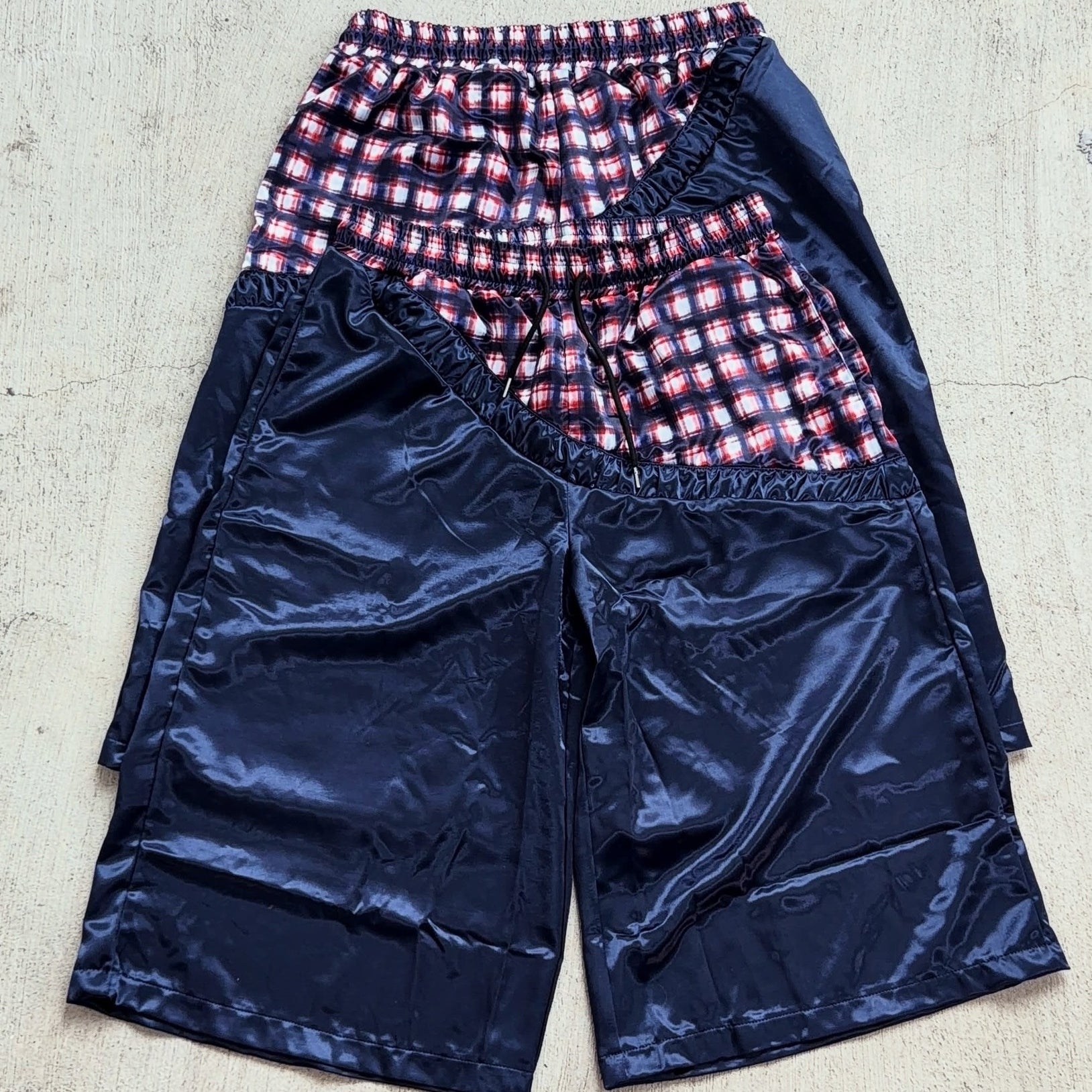 Fashionable Plaid Color-blocked Drawstring Casual Shorts