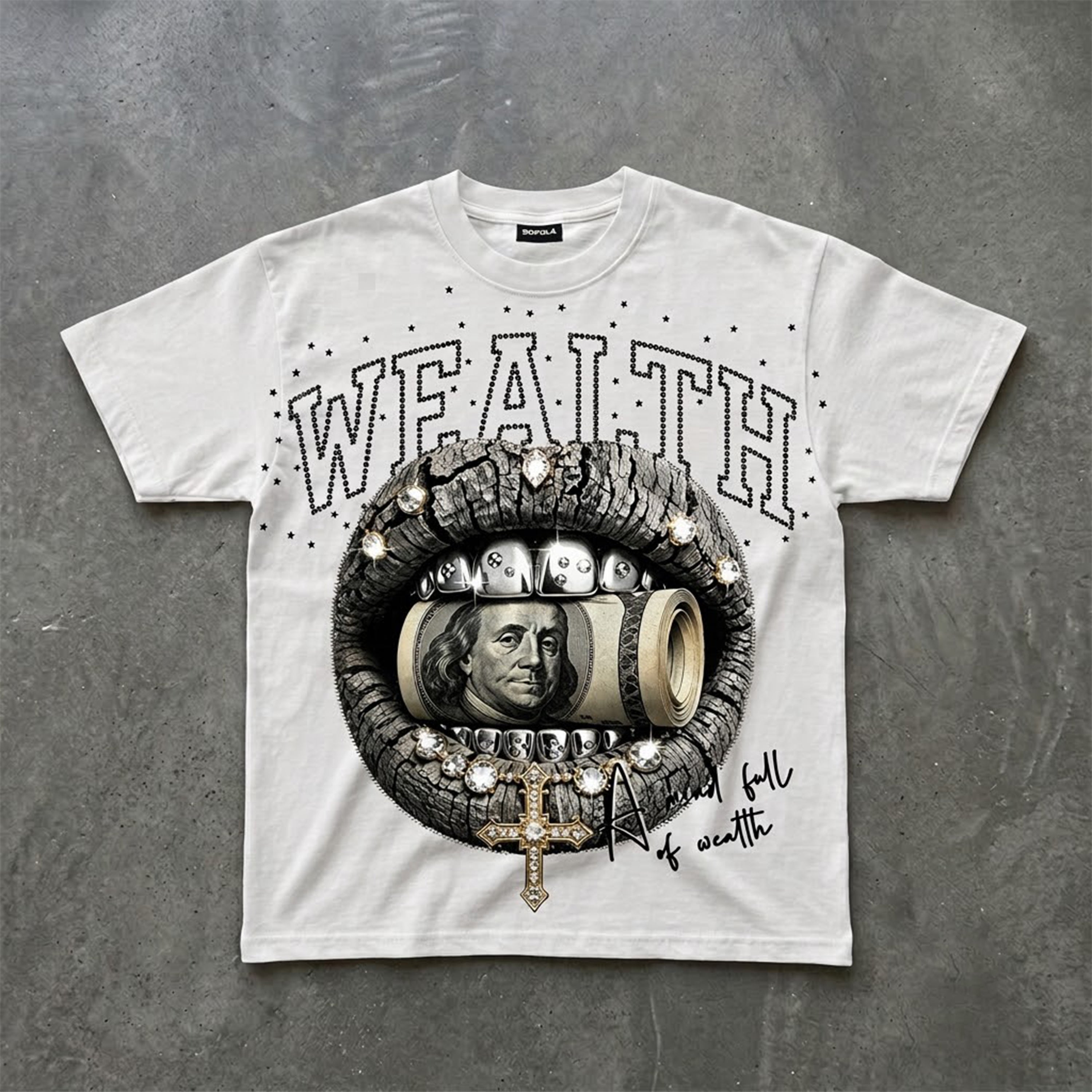 Diamond Encrusted Lips With Gold Cross Graphic T-shirt